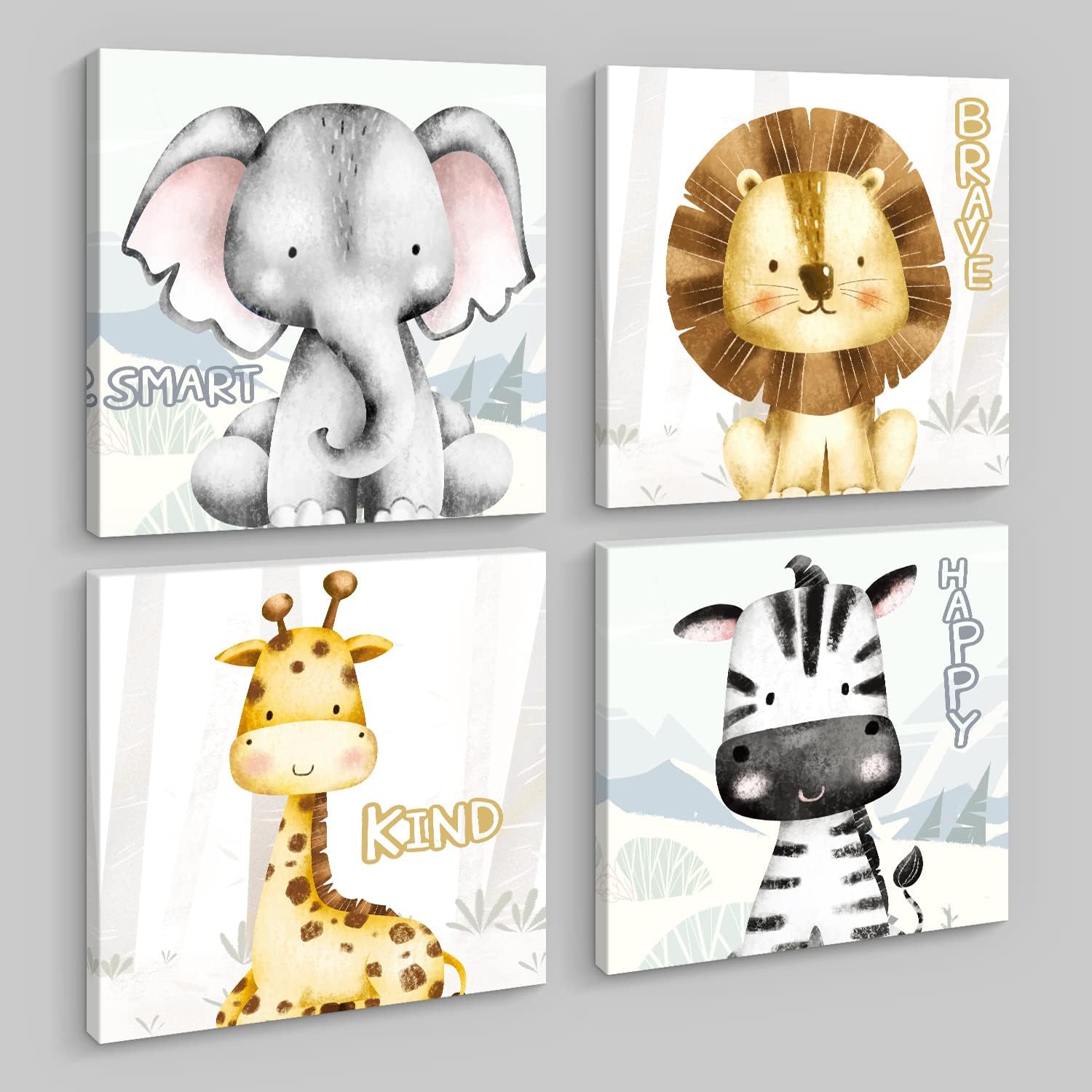 Creoate Kids Room Decor Wall Art, 4 Pieces Cute Animal Picture with Inspirational Quotes Canvas Print Artwork Framed Set Adorable Nursery Wall Art for Kid Baby Child Room (12x12 Inch x4pcs)