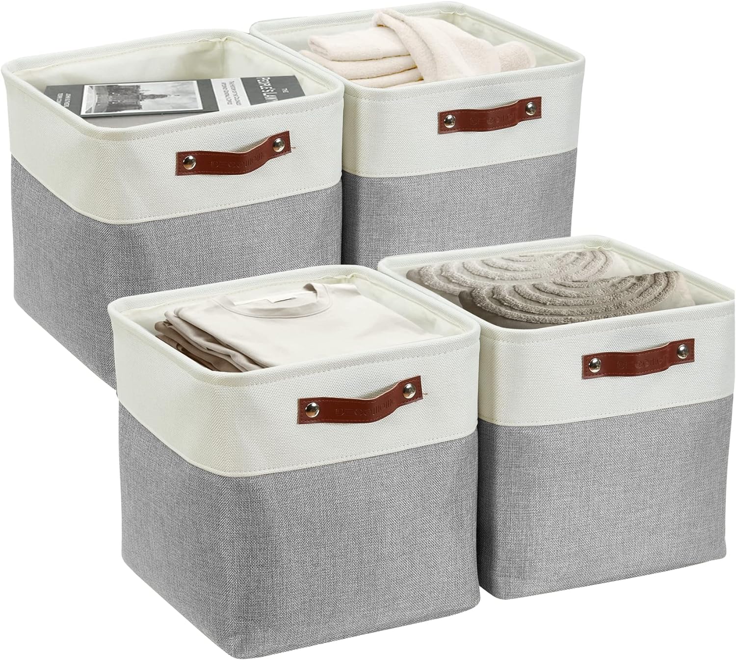 DECOMOMO Cube Storage Organizer Bins 11 inch Cube Storage Bin 4 Pack Cubby Storage Bins Storage Baskets for Organizing Shelf Closet Nursery Toys Cloth Bathroom (Grey&White)