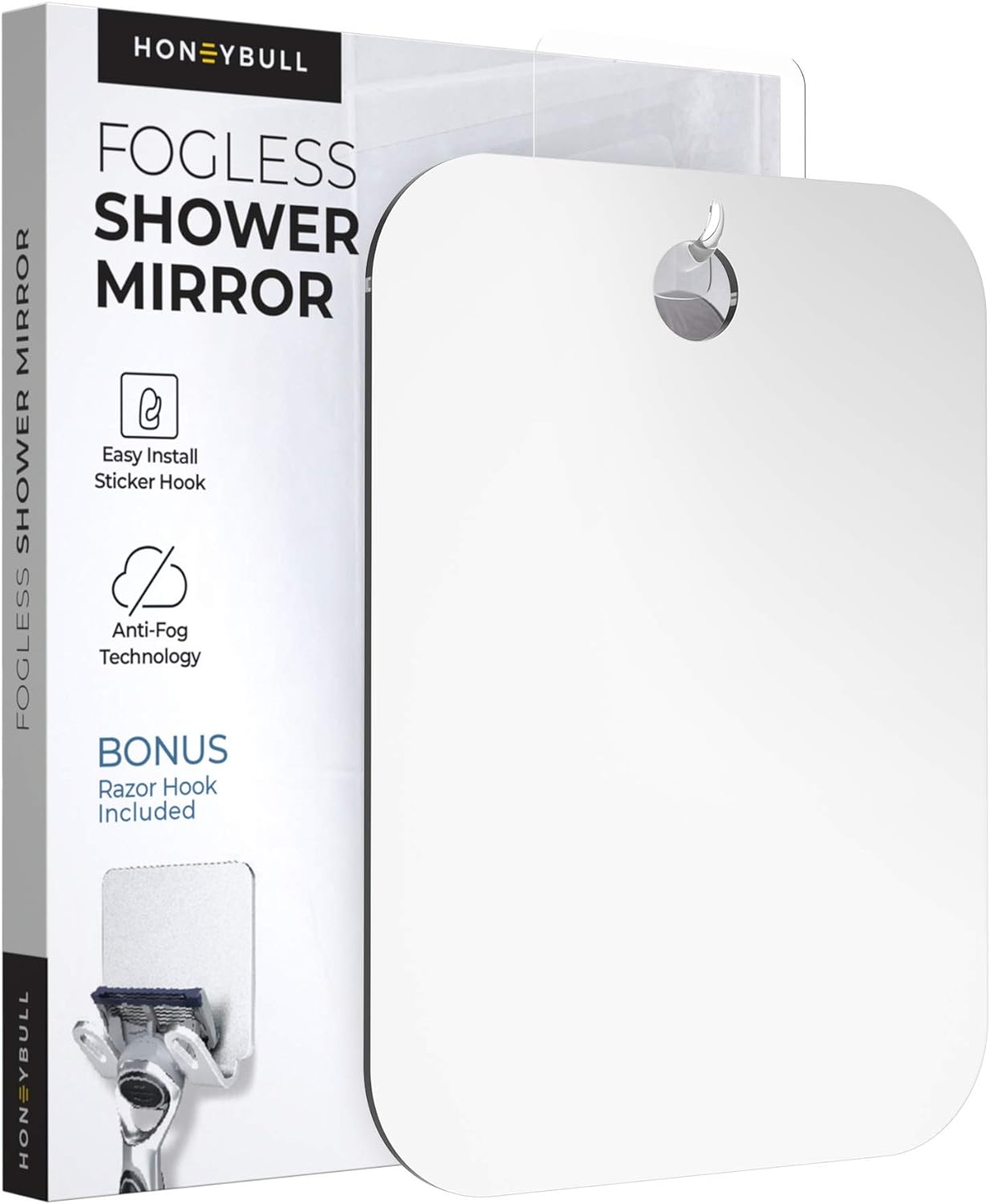 HONEYBULL Fogless Shower Mirror with Razor Holder - Large 8x10in Anti Fog Flat Mirror for Shaving and Bathroom