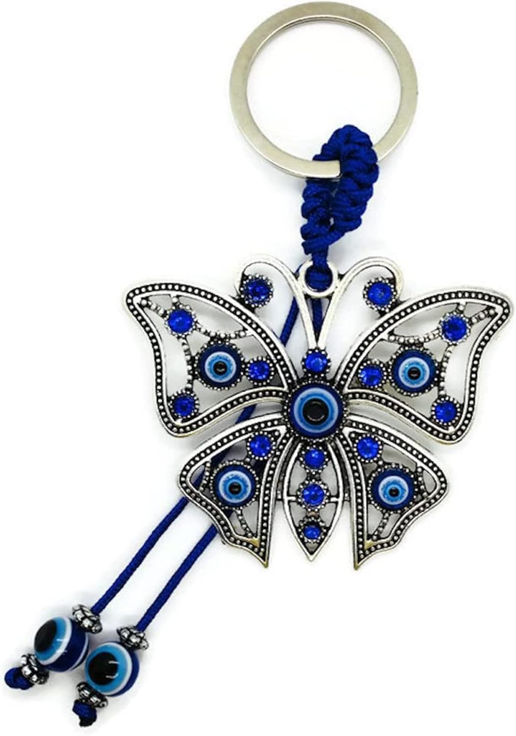 LUCKBOOSTIUM Butterfly with Blue Rhinestone Crystal & Hanging Evil Eye Keychain Ring