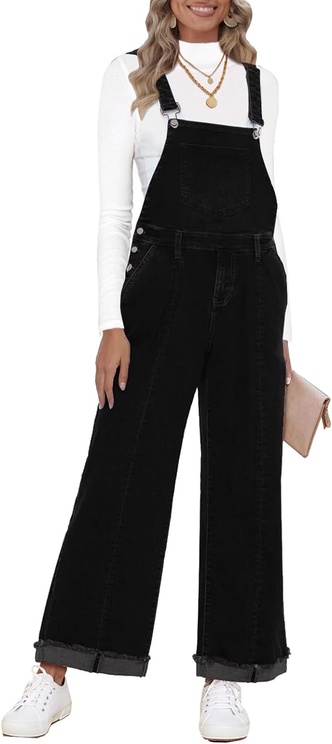 Vetinee Womens Overalls Denim Loose Fit Wide Leg Bib Stretch Baggy Jeans Jumpsuit Y2K Comfy