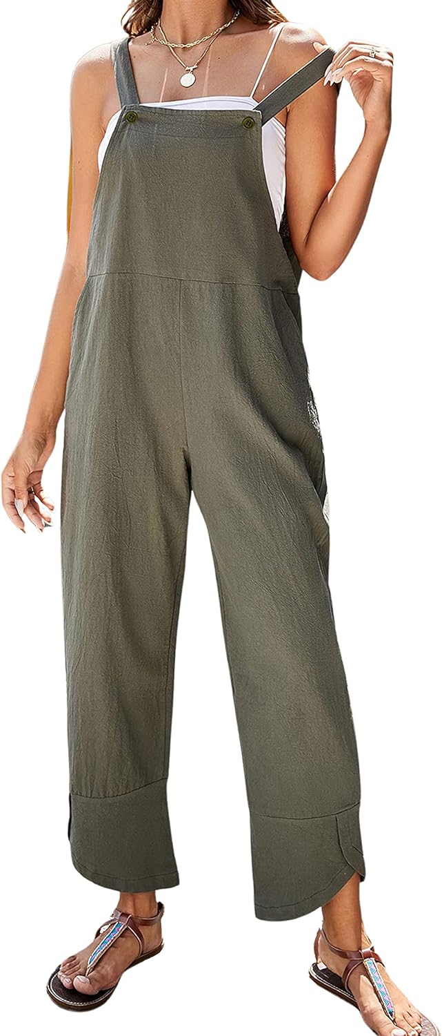 APAFES Women Summer Sleeveless Cotton Linen Bib Overalls Tulip Baggy Capri Jumpsuits with Pockets