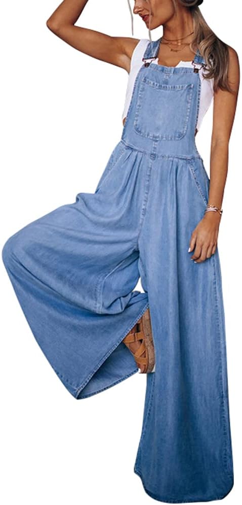 chouyatou Women' Loose Adjustable Strap Wide Leg Denim Bib Overall Jeans Pants
