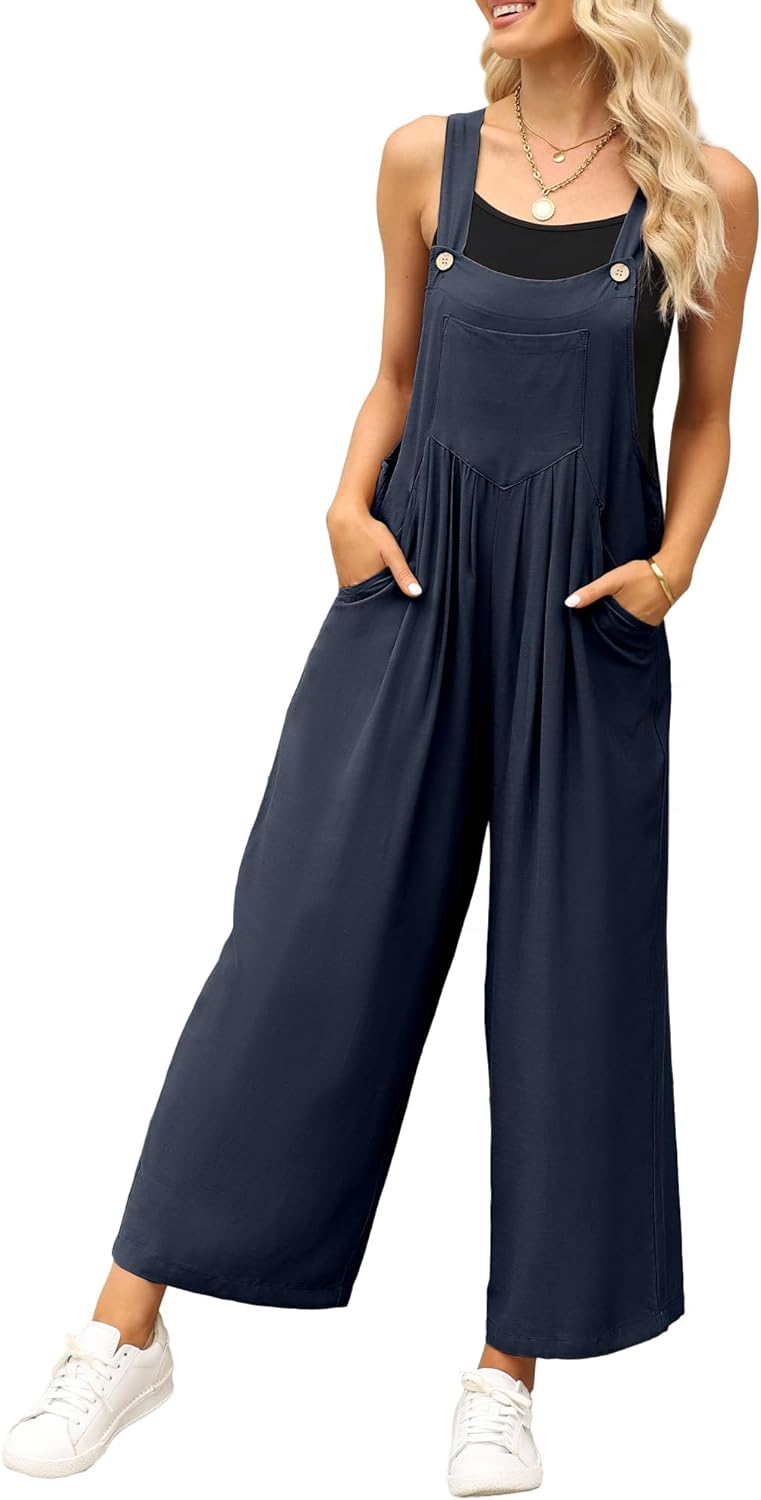 luvamia Jumpsuits for Women Casual Loose Wide Leg Boho Overall Jumpsuit Baggy Summer Outfits with Pockets Bib Overalls