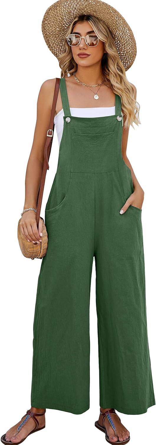 COZYPOIN Women' Cotton Bib Overalls Wide Leg Loose Fit Jumpsuit Baggy Fashion Sleeveless Rompers