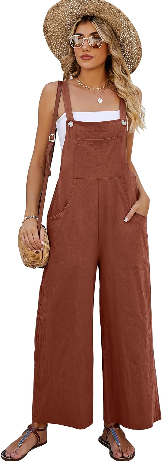 PEHMEA Women' Casual Overalls Cotton Wide Leg Jumpsuit Baggy Loose Rompers Bib Pants With Pockets