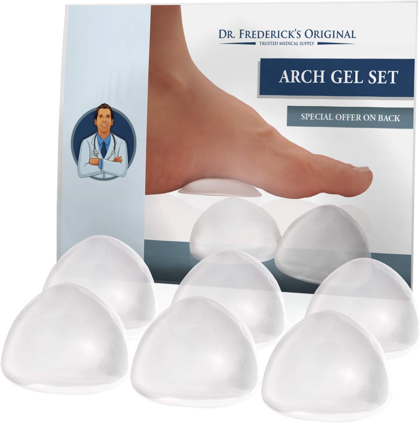 Dr. Frederick' Original Peel & Stick Foot Arch Support Gel Pads - 6 Pieces - High Arch Cushions - Relieves Pain from PES Cavus