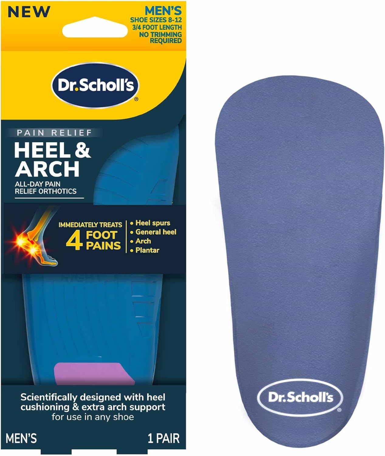 Dr. Scholl' Heel & Arch All-Day Pain Relief Orthotics, Men' 8-12, 1 Pair, 3/4 Length