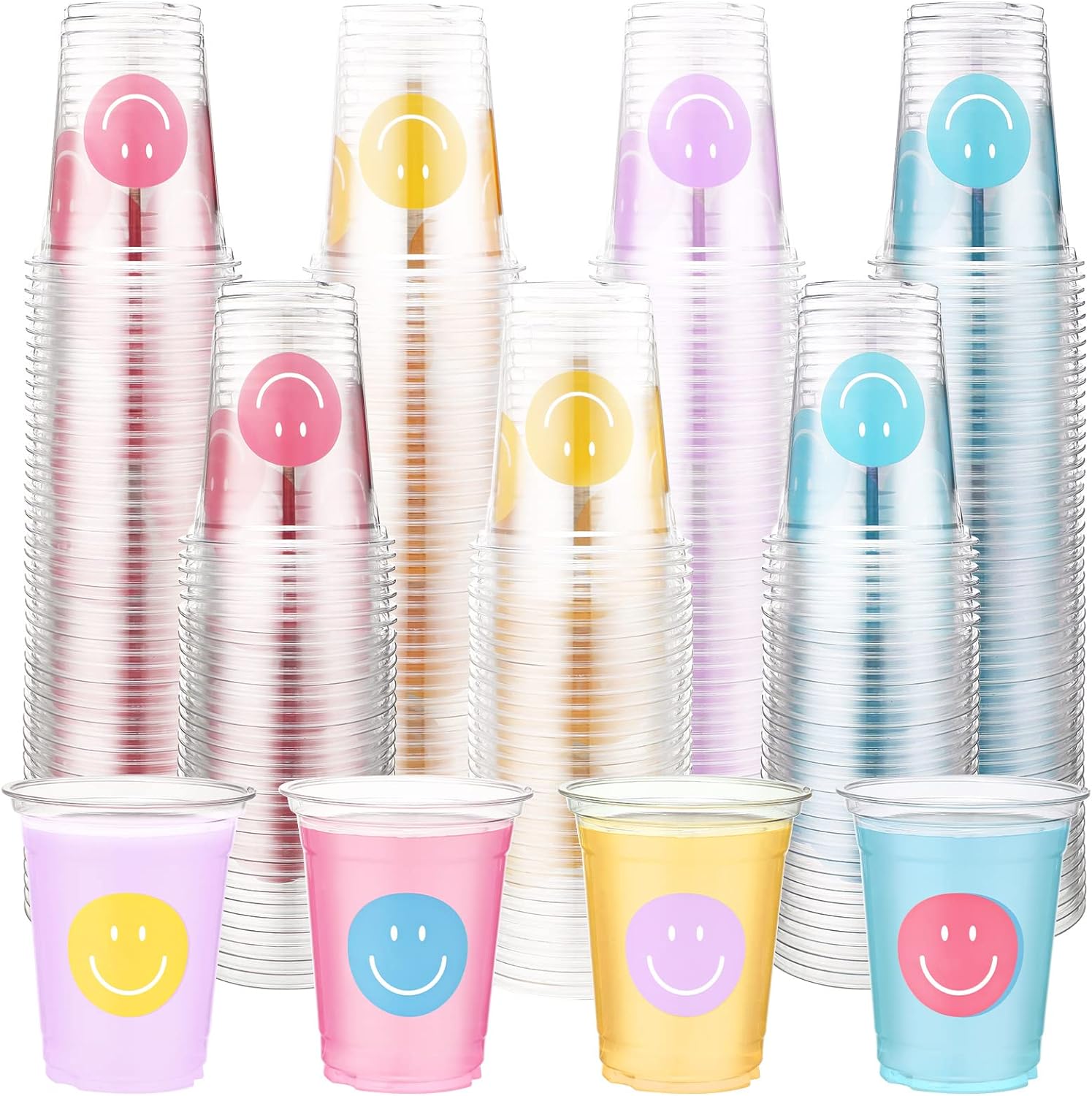 Zubebe 200 Pieces 12oz Lemonade Plastic Cups Smile Face Clear Pastel Cups Cute Drinking Cups Disposable Plastic Tumbler for Birthday Bachelorette Party Picnics BBQ Wedding Cool Drinkware