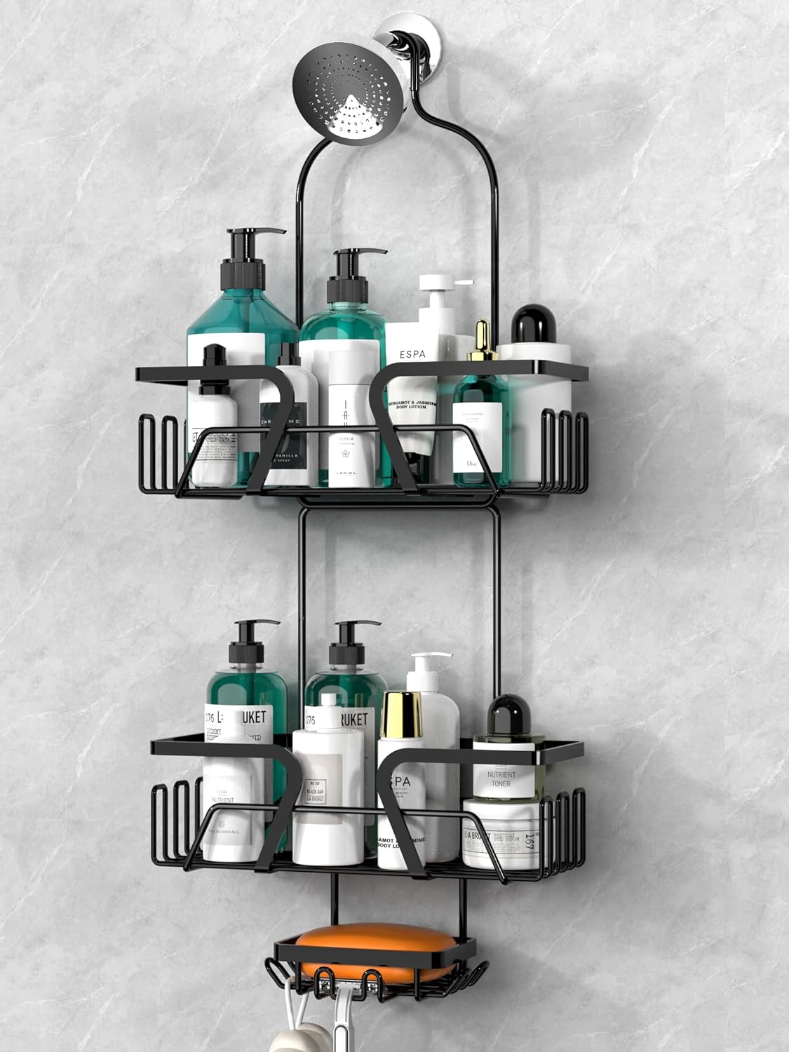 KEGII Hanging Shower Caddy Over Shower Head, Shower Organizer Hanging with Soap Holder, Shower Rack Storage with Hooks for Razor, Black Shower Accessories