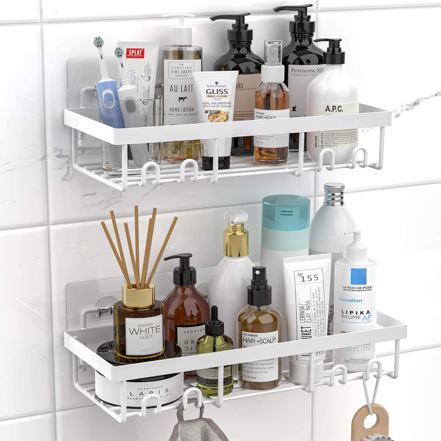 Moforoco Shower Caddy Shelf Organizer Rack, Self Adhesive White Bathroom Shelves Basket, Home Farmhouse Wall Shower Inside Organization and Storage Decor Rv Accessories, First Apartment Essentials