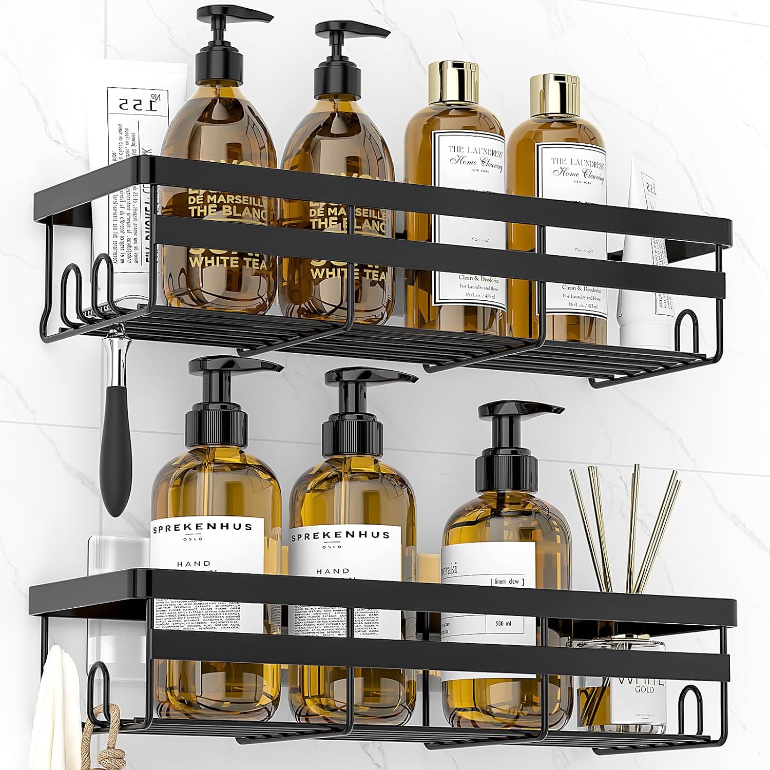 WOWBOX Adhesive Shower Caddy Shelf, 2 Pack - Hanging Bathroom Organizer, No Drilling Stainless Black Shelves for Storage & Home Decor