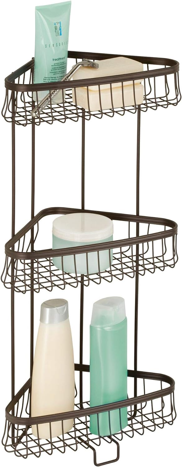 iDesign York Metal Wire Corner Standing Shower Caddy 3-Tier Bath Shelf Baskets for Towels, Soap, Shampoo, Lotion, Accessories, Bronze