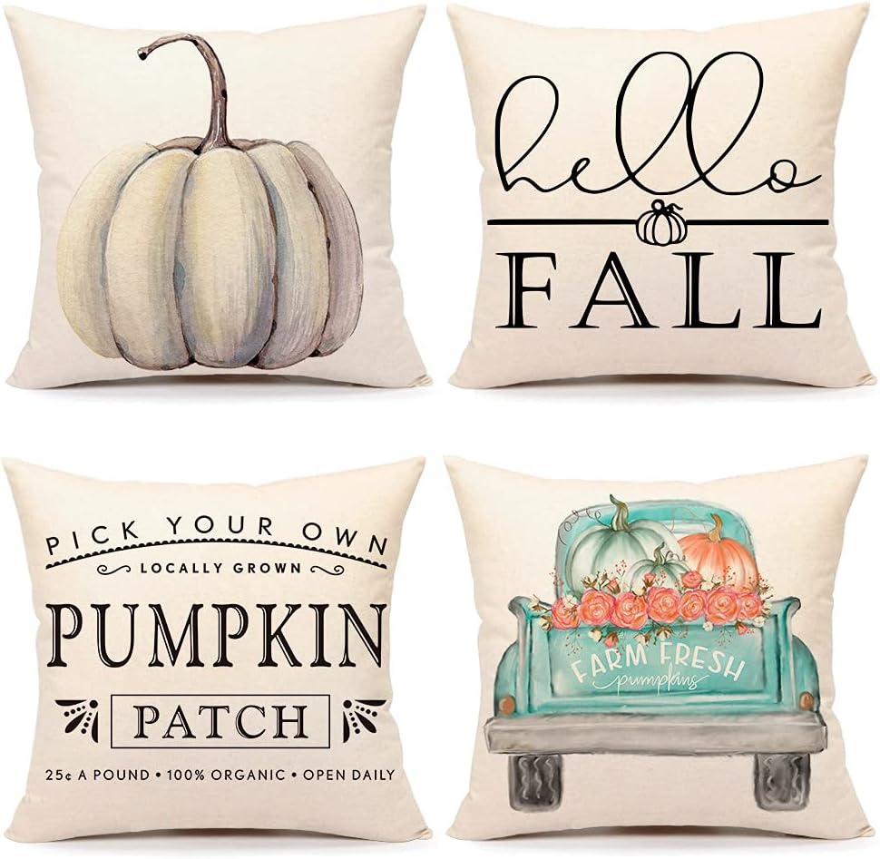 4TH Emotion Fall Decor Pillow Covers 18x18 Set of 4 White Pumpkin Farmhouse Decorations Throw Cushion Case for Fall Thanksgiving Home Decorative Pillows