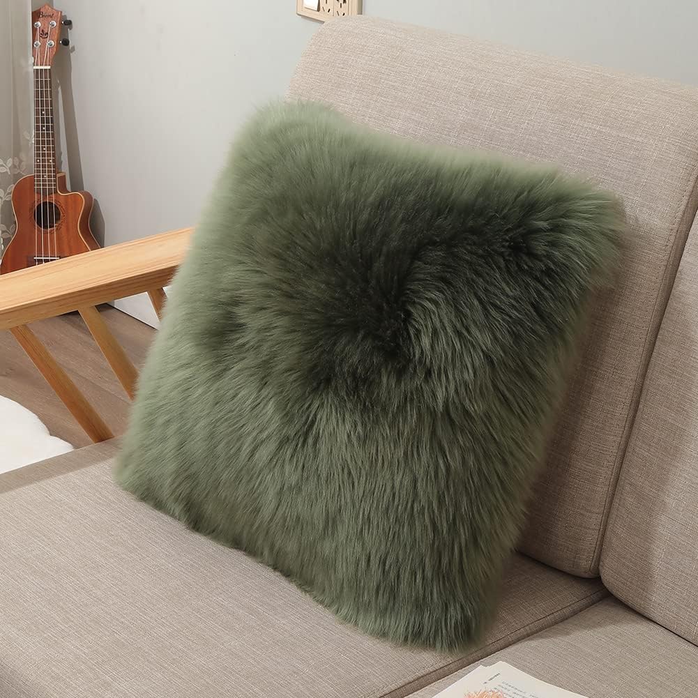 LLB Luxury Genuine Sheepskin Throw Pillow Covers Soft Fluffy Solid Decorative Square Couch Pillow Cover 18 x 18 Pillowcase Cushion Case for Sofa Bedroom Car Bed, No Pillow Insert Long Wool Dark Green