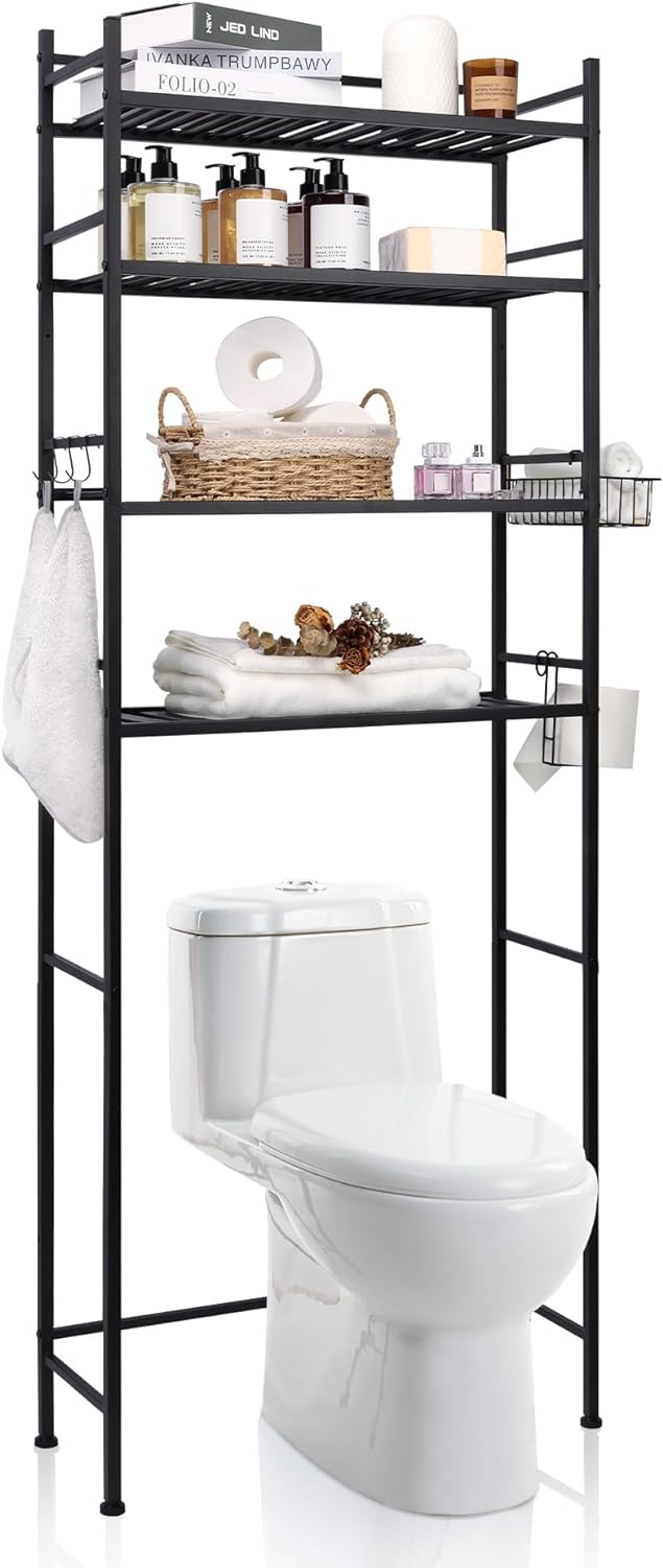 Black Over The Toilet Storage, G-Hemobel 4-Tier Bathroom Shelves Over Toilet, Metal Bathroom Space Saver Organizer with Toilet Paper Roll Holder, Hanging Basket and 3 Hooks, G-TS-4TB