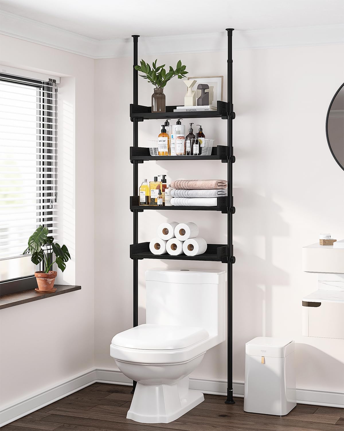 ALLZONE 4 Tier Over The Toilet Storage, Adjustable Wood Over Toilet Bathroom Organizer, Freestanding Shelves, Fit Most Showers Over The Toilet Shelf, 92 to 116 Inch Tall, Black