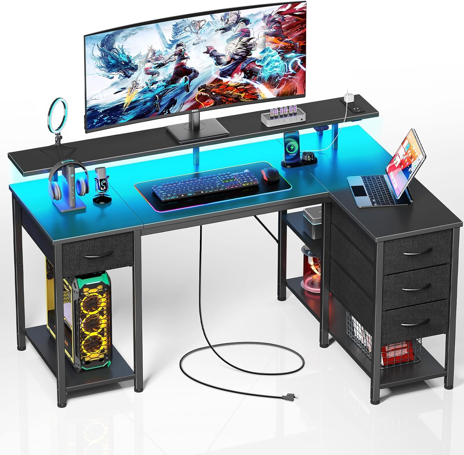 Seventable L Shaped Computer Desk with Drawers 47.2 inch, Gaming Desk with Power Outlets & LED Lights,Reversible Office Desk with Storage Shelves, Corner Desk with Monitor Stand for Black