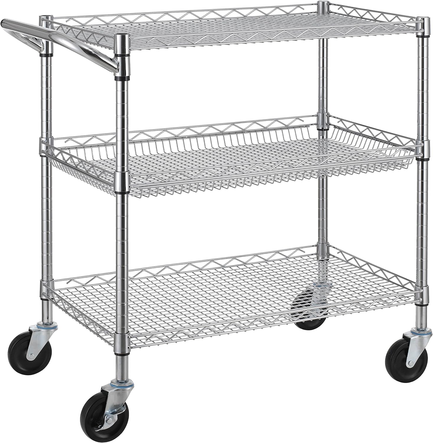 Finnhomy 3 Tier Heavy Duty Commercial Grade Utility Cart, Wire Rolling Cart with Handle Bar, Steel Service Cart with Wheels, Utility Shelf Plant Display Shelf Food Storage Trolley, NSF Listed