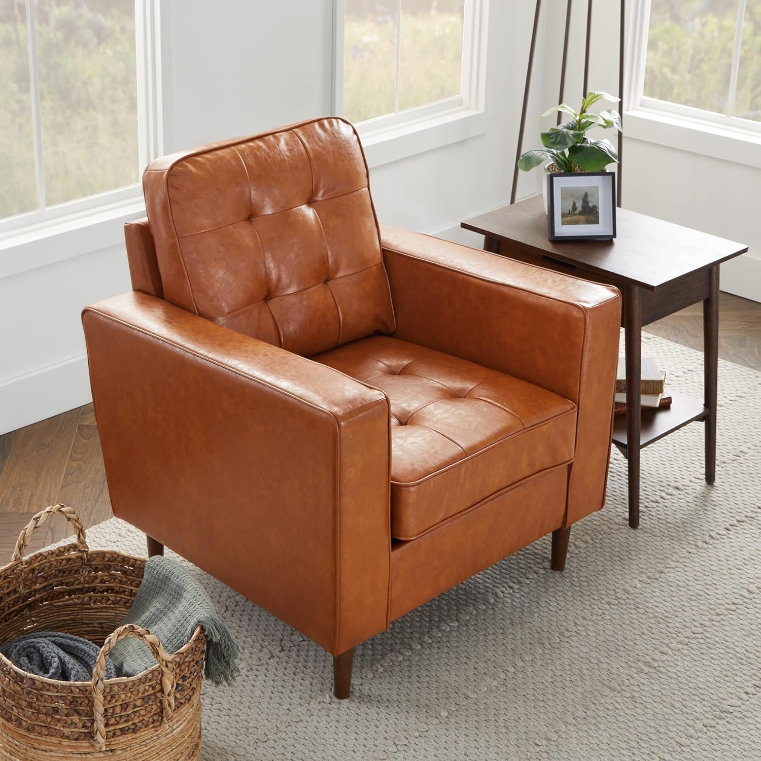 Edenbrook Lynnwood Upholstered Accent Chair - Living Room Furniture - Office - Bedroom - Mid-Century Modern Design - Armchair - Buttonless Tufting - Simple Assembly - Solid Frame - Camel Faux Leather