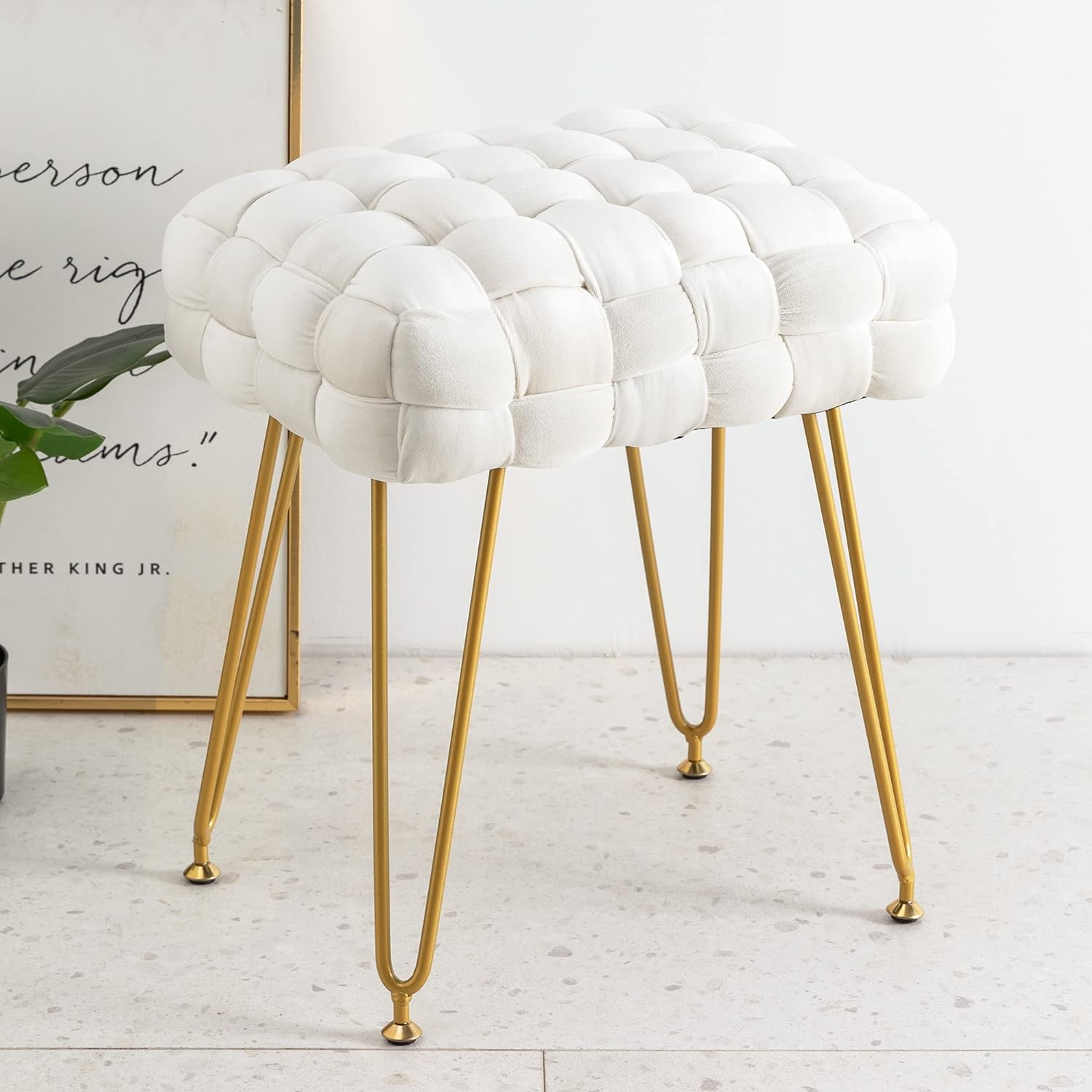 LUE BONA Velvet Vanity Stool, Rectangle Ottoman Foot Stool, Upholstered Make up Bench with Gold Metal Legs and Padded Seat, Modern Indoor Bench for Living Room, Bedroom,Dressing Room,Gold White