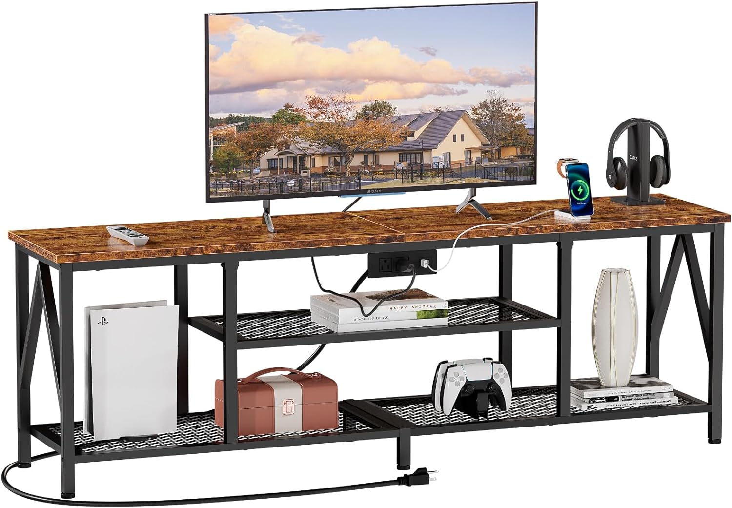 Furologee TV Stand with Power Outlets for 65 70 inch TV, Entertainment Center with Open Storage Shelves, Long 63'' TV Media Console Table with Soundbar Shelf for Living Room, Bedroom, Rustic Brown