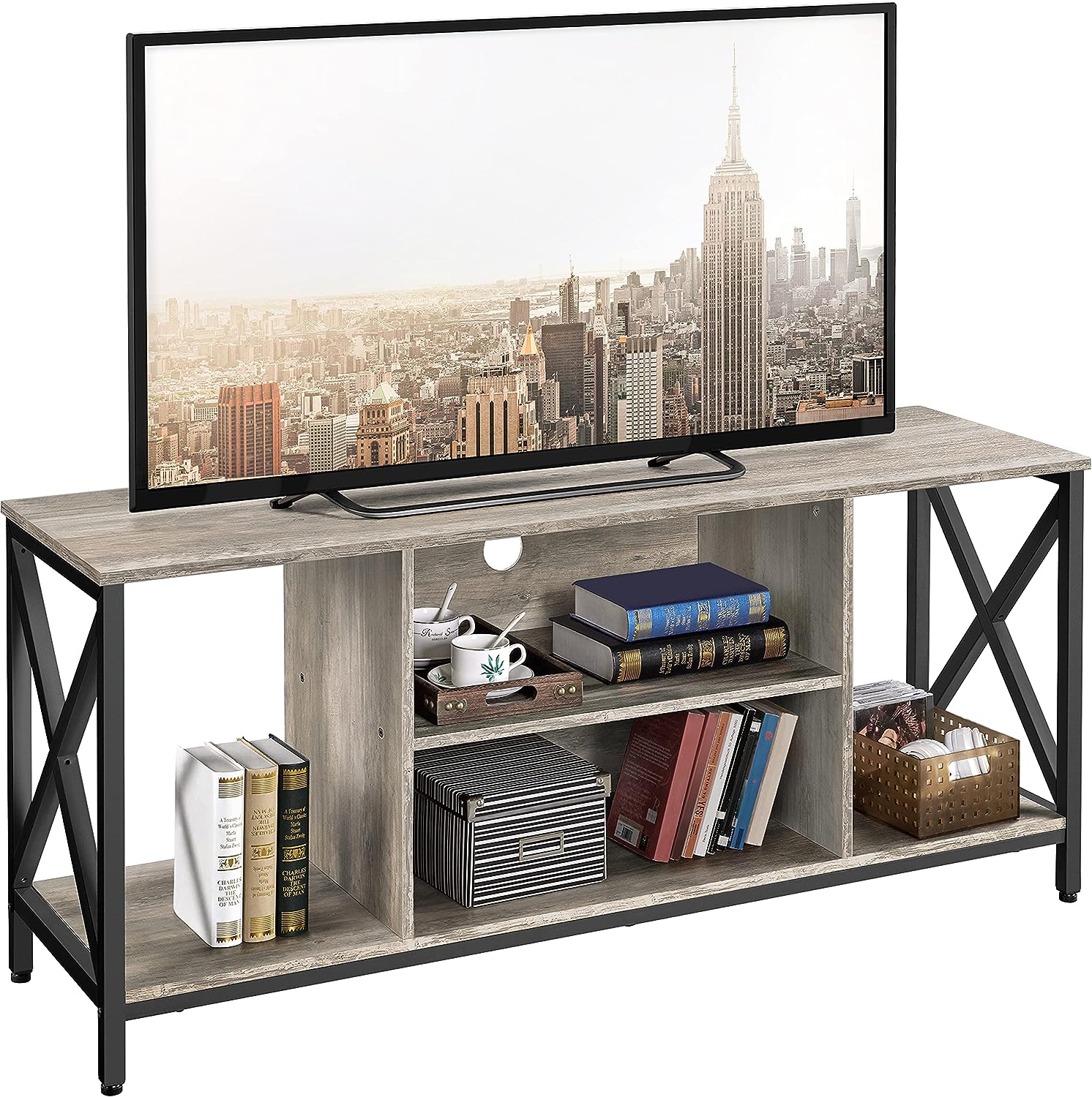 Yaheetech TV Stand for 65 inch TV Console Table with Storage Shelves Cabinet, 55 Wood Entertainment Center for Living Room, Industrial Modern Style TV Cabinet for Flat Screens, Gray