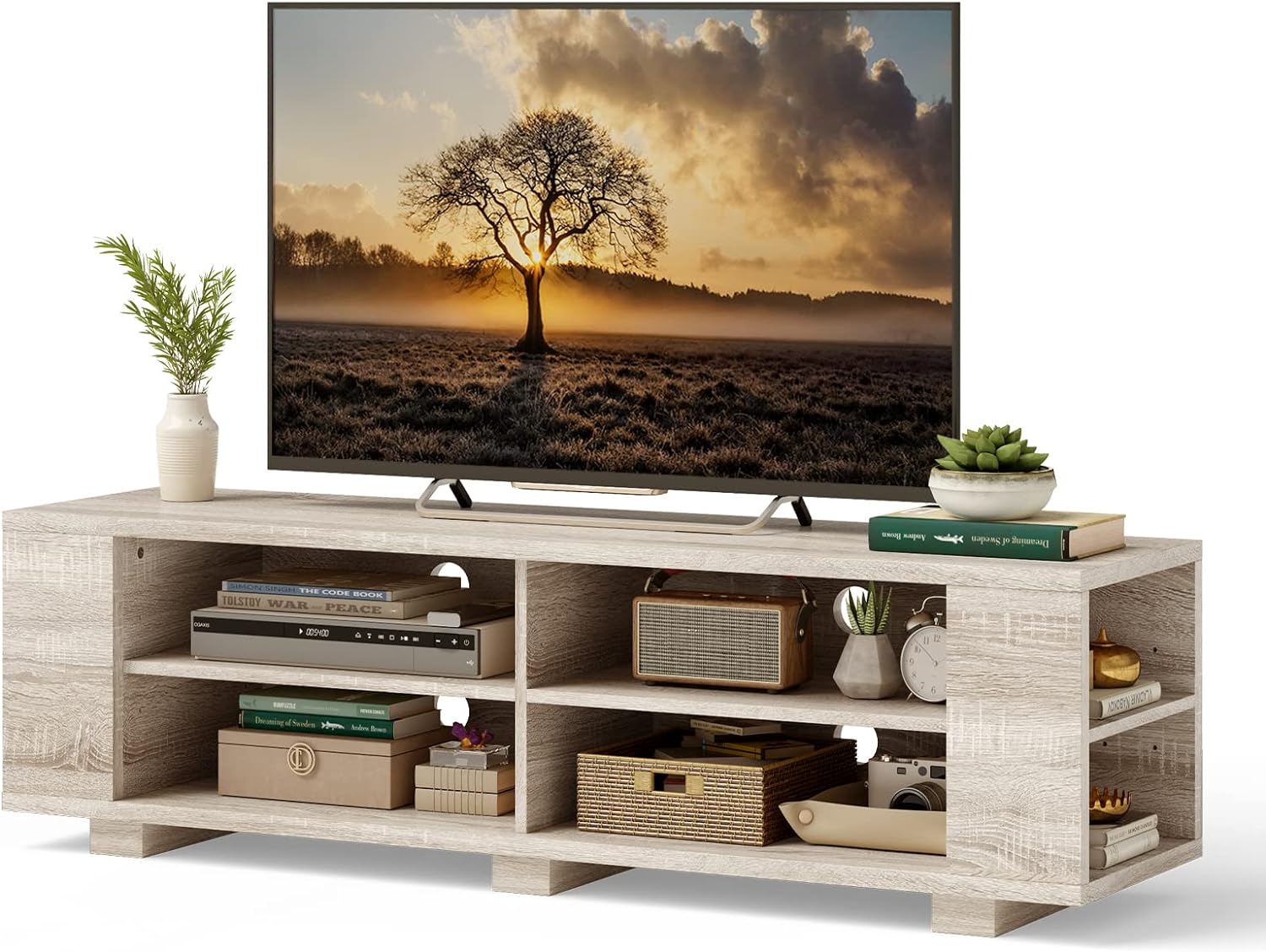 Tangkula Wooden TV Stand for TVs up to 65 Inch Flat Screen, Modern Entertainment Center with 8 Open Shelves, Farmhouse TV Storage Cabinet for Living Room Bedroom, TV Console Table (White Oak)