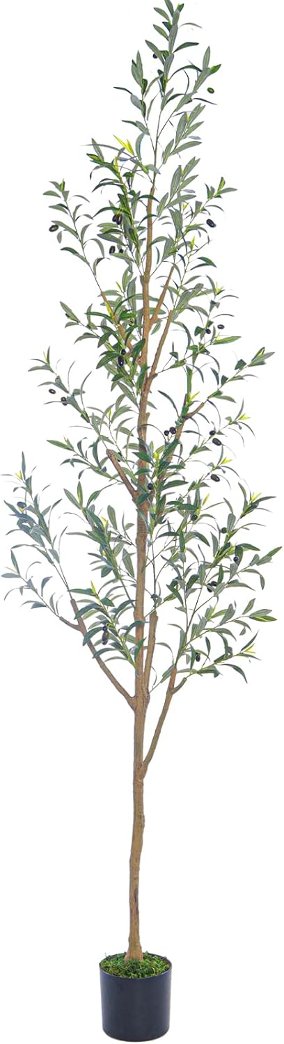 7.6FT (92'') Olive Tree Tall Skinny Artificial Plants for Home Indoor, Fake Potted Olive Silk Tree for Modern Home Office Living Room Floor Decor Indoor