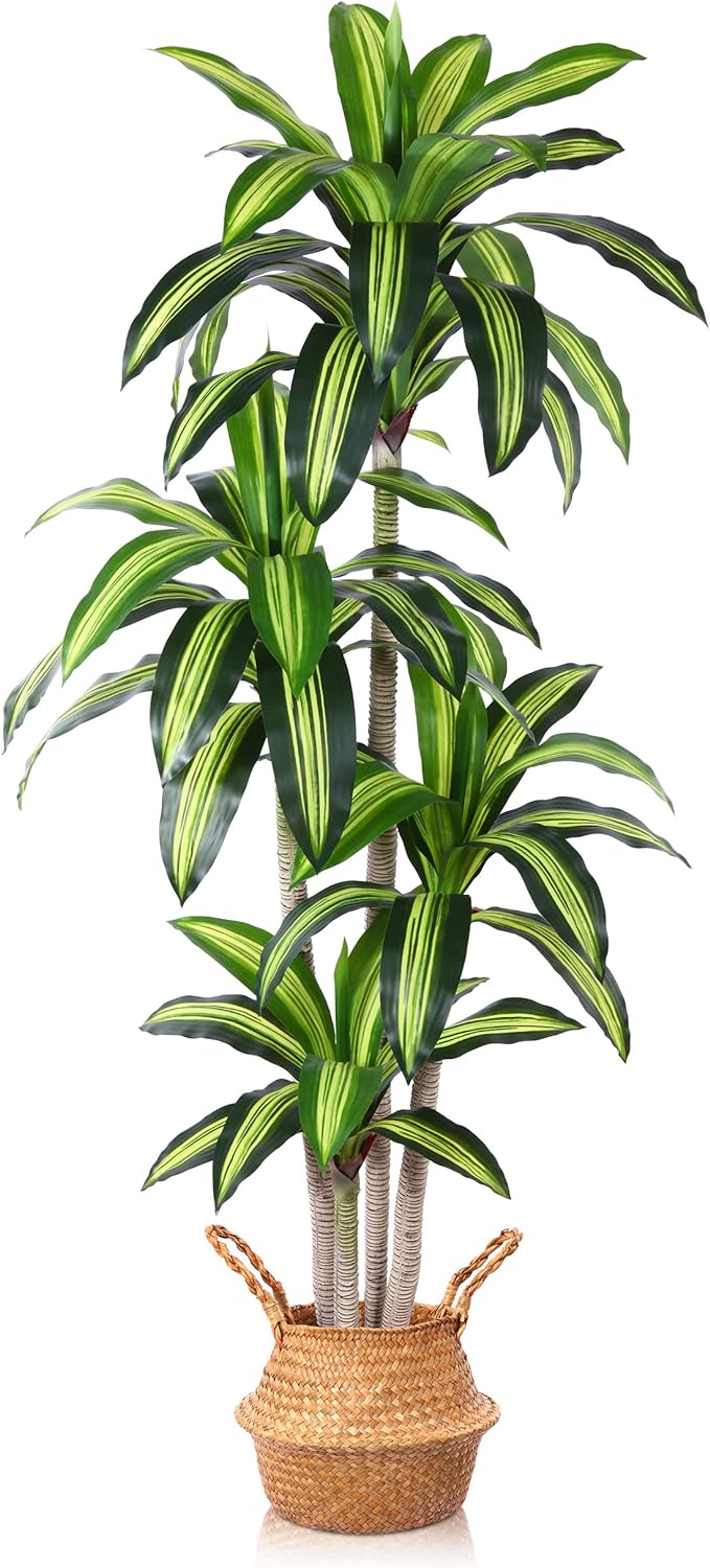 Ferrgoal Artificial Plants, 6 Ft Dracaena Tree Faux Plants Indoor Outdoor Decor Fake Tree with Woven Seagrass Basket Plants for Home Decor Office Living Room Porch Patio Perfect Housewarming Gift