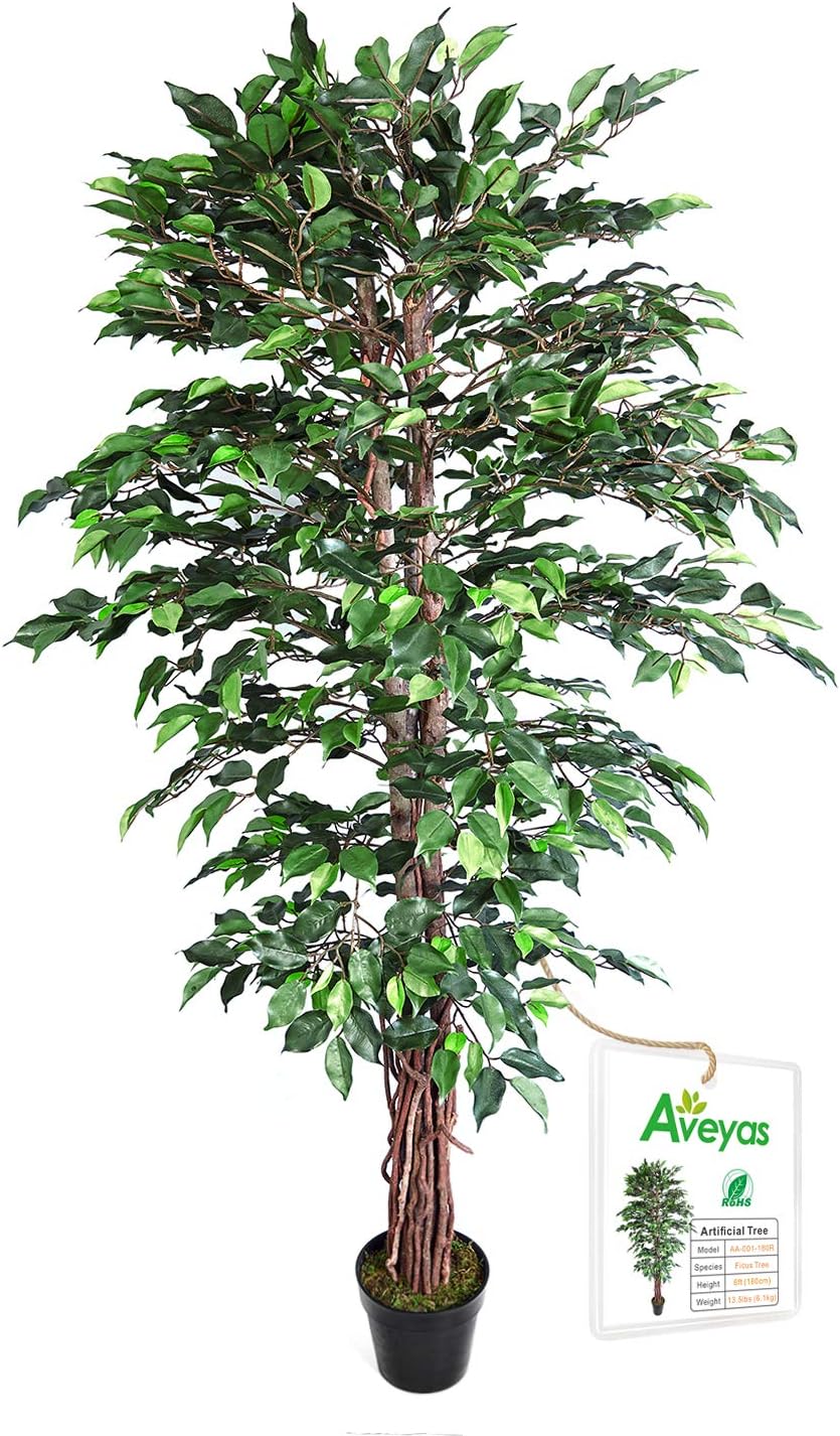 Aveyas 6ft Artificial Ficus Tree for Home Decor, 6 Feet Faux Plant Fake Silk Trees with Pot for Indoor Outdoor House Living Room Office Garden (6 ft Tall)