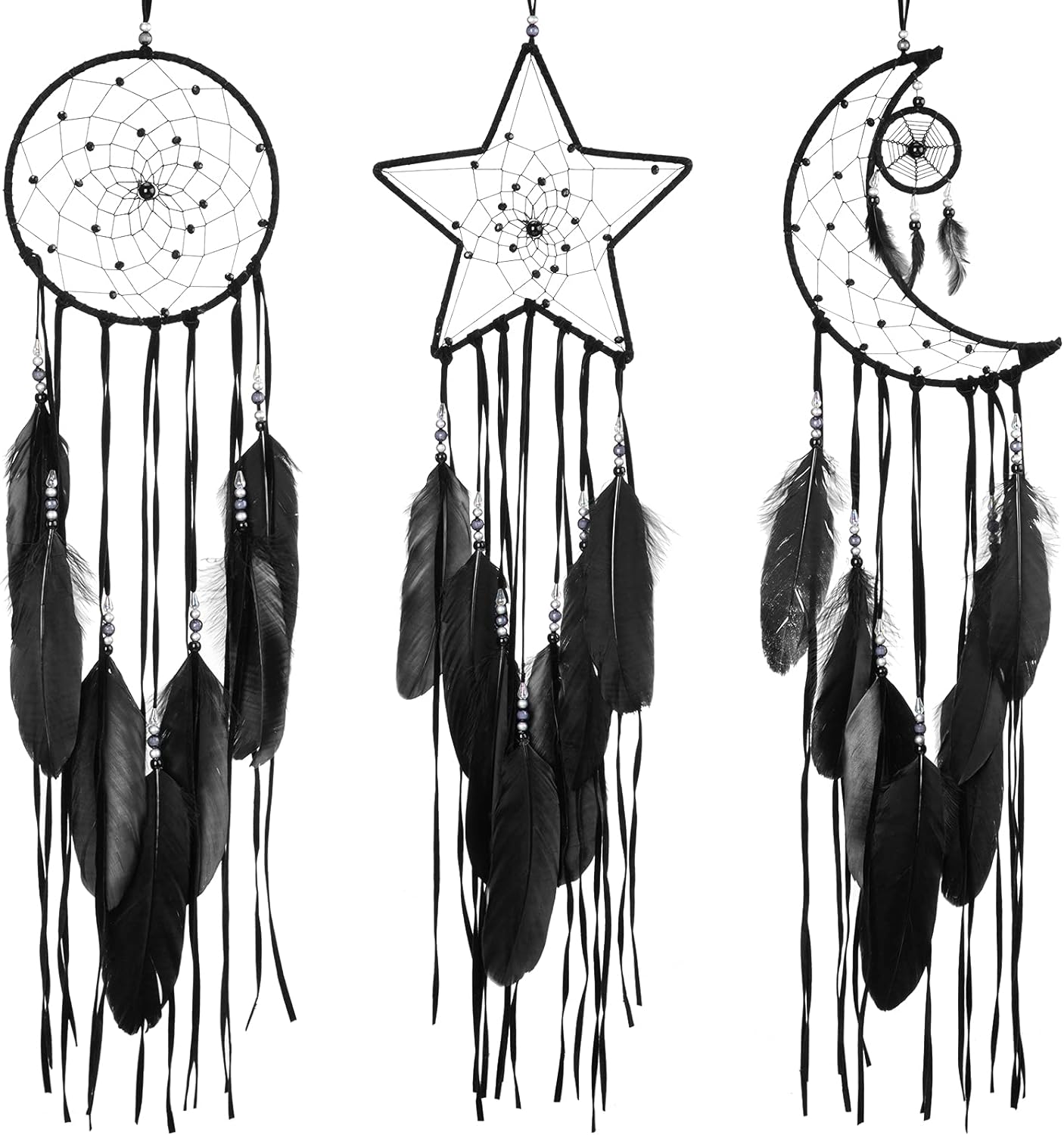 3 Pcs Dream Catcher Moon Sun Star Design Handmade Traditional Design Craft Ornament for Wall Art Hanging Home Decoration Dreamcatcher for Bedroom Kid Boy Girl Wedding (Black)