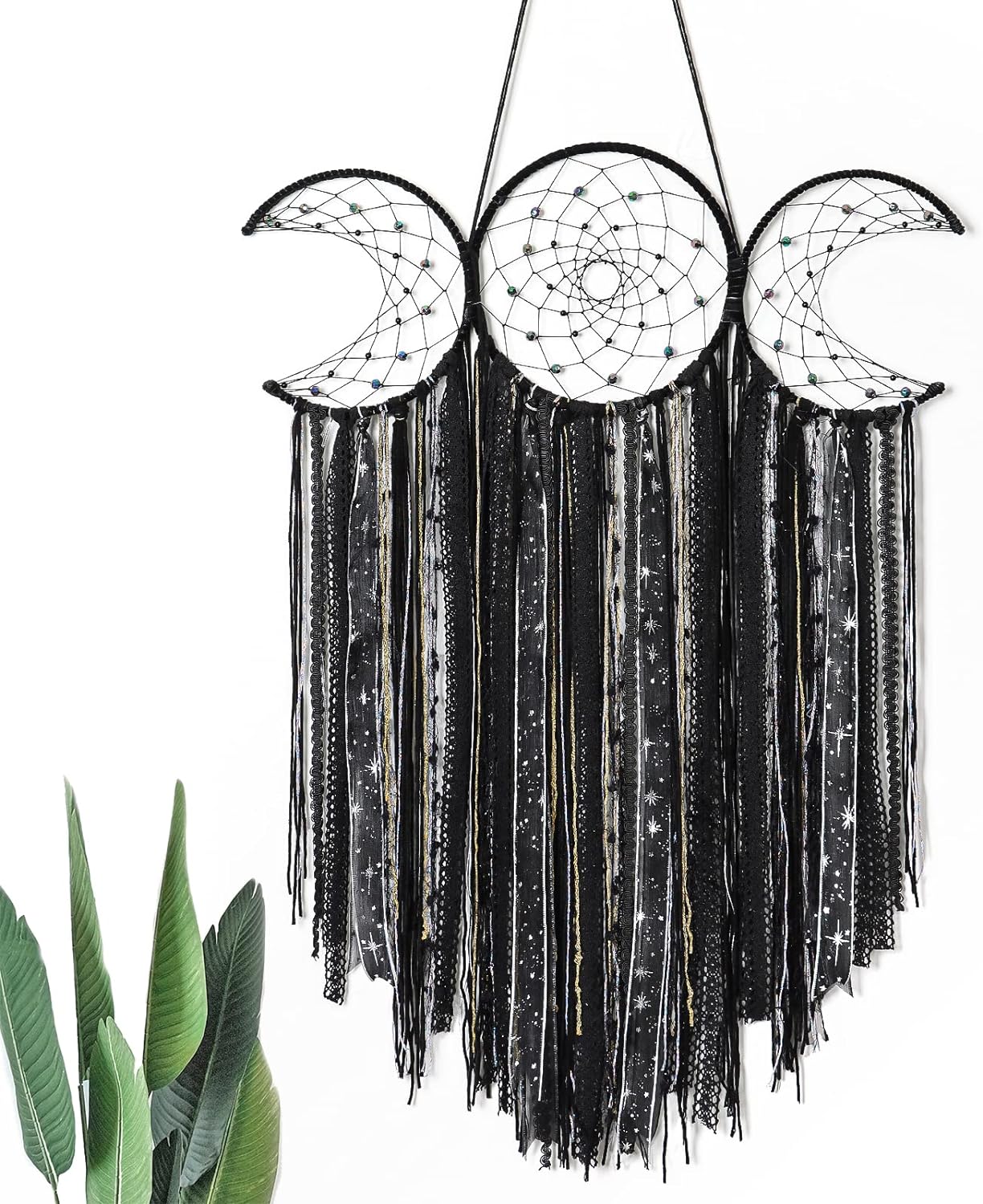 Dremisland Black Triple Moon Goddess Macrame Wall Hanging Large Dream Catcher Boho Wiccan Moon Phases Handmade Bohemian Hippie Woven Pagan Wall Decor for Bedroom Dorm Nursery Decoration Gift