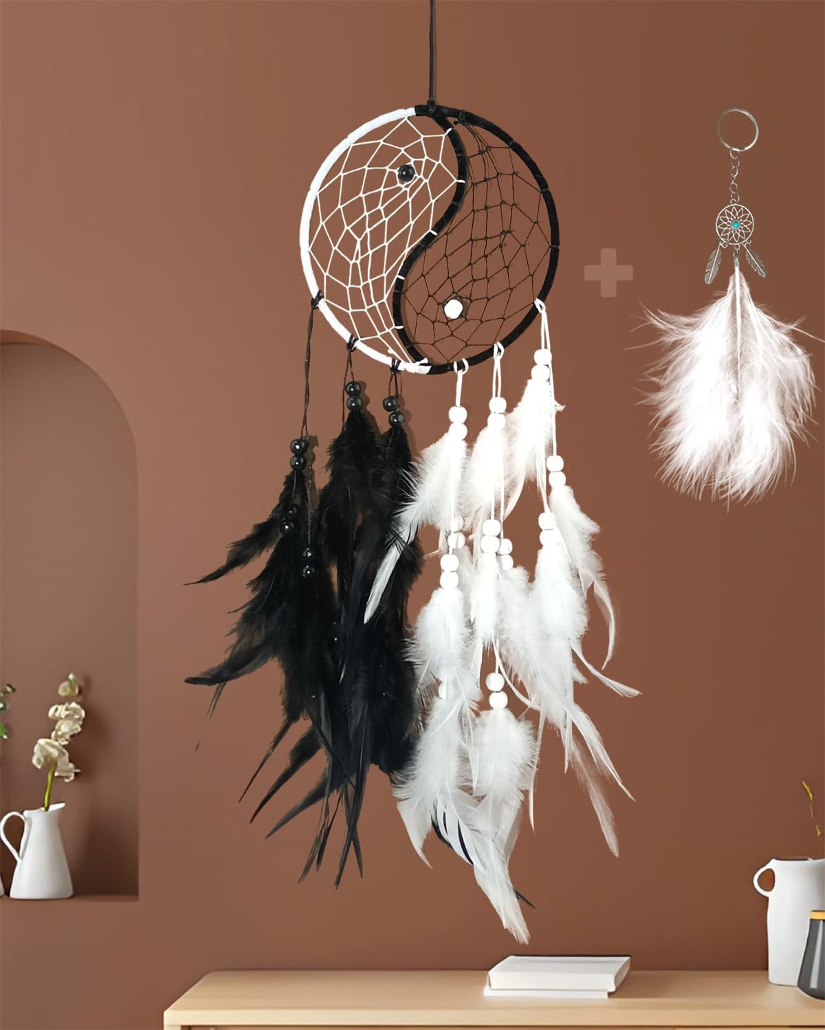 ZIIAMG Dream Catchers Handmade,Tai-Chi Dream Catcher Black and White Feather Wall Hanging Decoration,Home Ornament Craft Car Hanging Decoration Ornament Yin Yang Culture for Wall Decoration