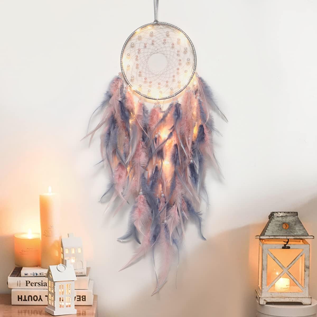 KHOYIME LED Dream Catcher Light Up Handmade Feather Dreamcatchers Boho Wall Hanging for Girls Kids Bedroom Bohemian Home Decor Wedding Ornament Craft Gift (Pink&Grey)