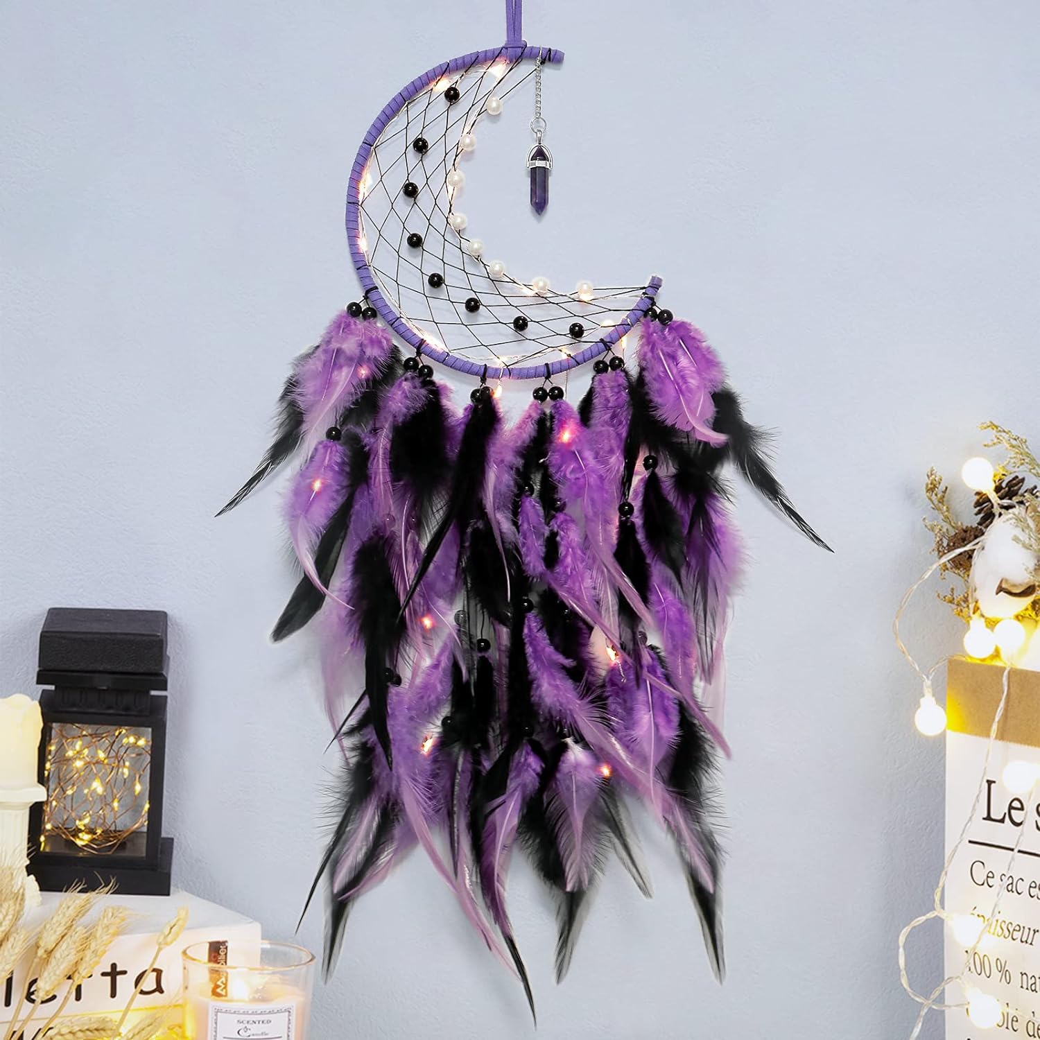 Dremisland Moon Dream Catcher with Fairy Lights-Handmade Colorful Feather Lucky Turquoise Pendant Beads Wall Hanging Ornament for Kids Bedroom Home Decoration,Art Craft Gift. (Purple&Black)