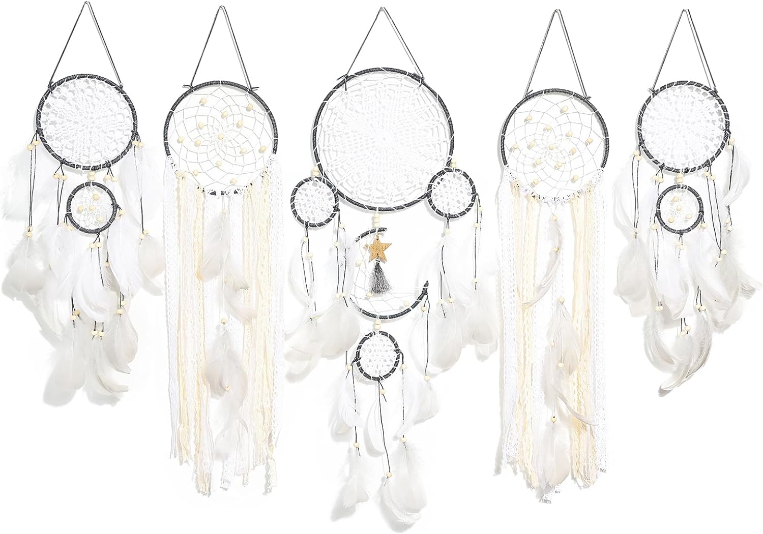 FeelfunFeather 5 Pack Dream Catchers Sun Moon Design Large Handmade Boho Wall Hanging Ornament with Decorative Feathers for Boys Girls Bedroom Living Home Decoration (Grey)