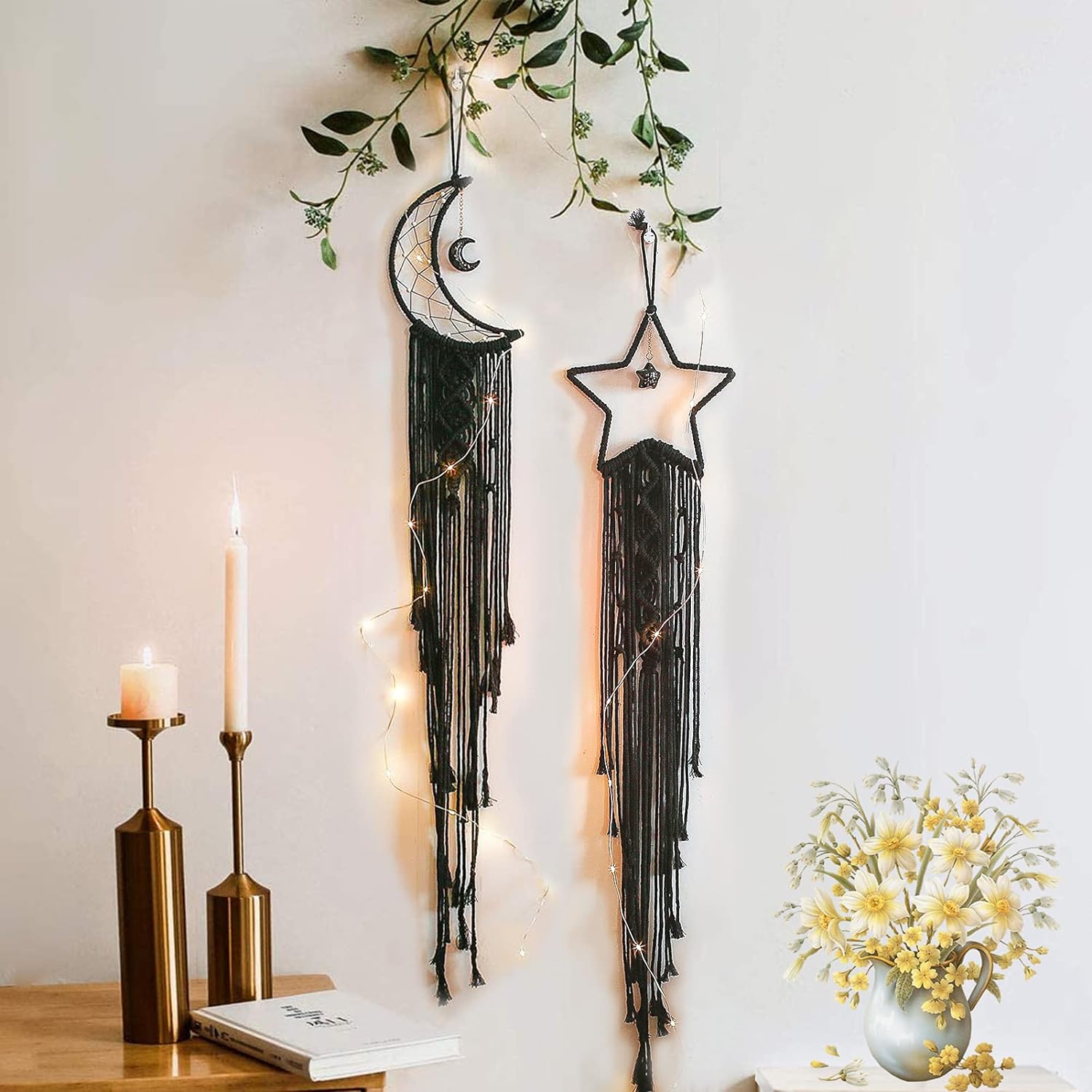 Tarklanda Moon Star Dream Catcher Decor,2pcs Boho Home Moon Star Black Dreamcatcher, Bohemian Wall Hanging Dream Catcher Decor for Home Wedding Room Craft Decoration for Women Mom Valentine' Day Gift