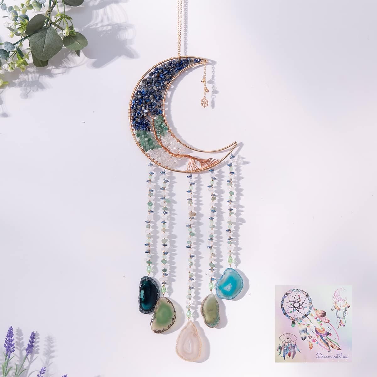 Agate Moon Dream Catchers with Crystal Life Tree Gemstone Dream Catchers Natural Gem Agate Wall Hangings Room Garden Dreamcatchers Decor (Colorful)