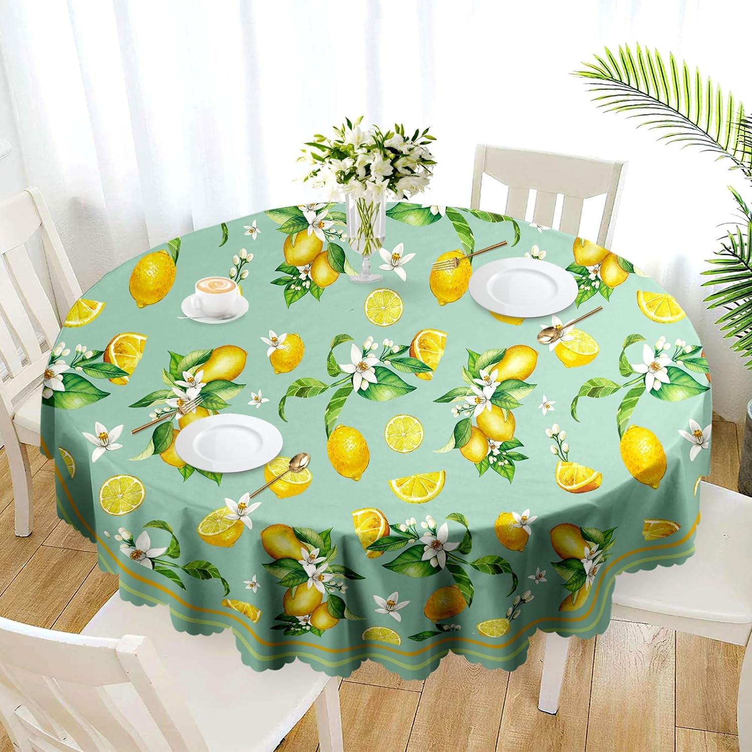 Eikione Lemon Tablecloth 60 Inch, Circle Outdoor Waterproof Fabric Tablecloth Wipeable Green Dining Table Cover for Picnic
