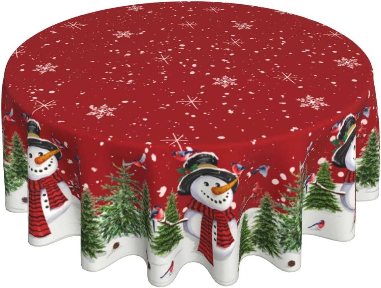 Red White Christmas Tablecloth Round 60 Inch Winter Snowman Green Trees Snowflakes Washable Wrinkle Stain-Resistant Polyester Table Cloth Holiday Decorations For Party Kitchen Dinning Outdoor Indoor