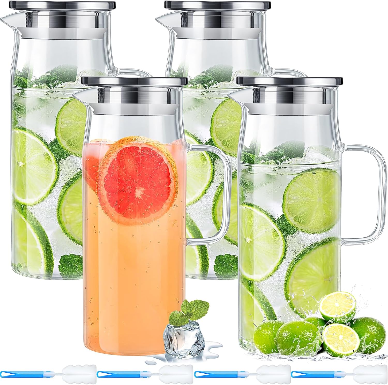 4 Pieces 50 Oz/ 1500 ml Glass Pitcher with Lid and Handle Water Pitcher Borosilicate Glass Carafe Glass Jug Orange Juice Container with Brush for Iced Beverage Ice Tea Hot Cold Coffee Fridge Kitchen