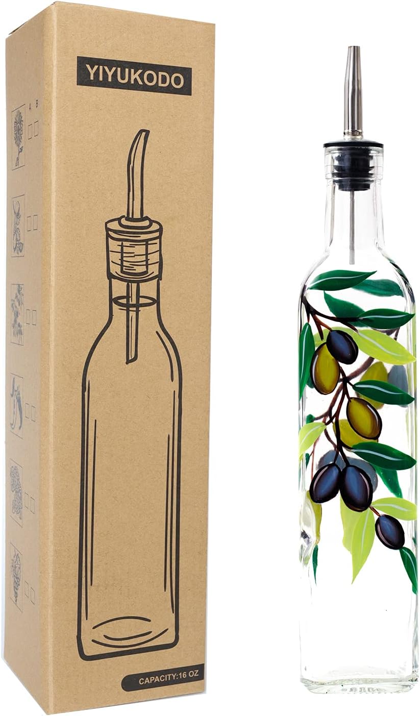 YIYUKODO 17oz Hand Painted Glass Olive Oil Bottle Dispenser - 500ml Green Oil & Vinegar Cruet with Pourers - Olive Oil Carafe Decanter for Kitchen (olive2)