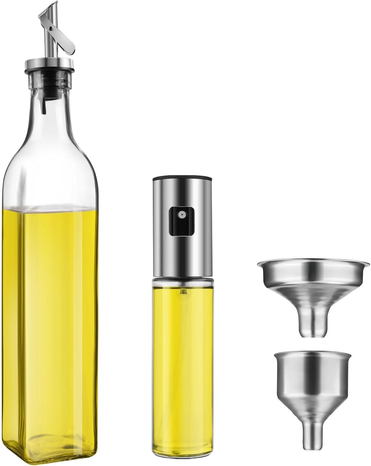 Kestbon Olive Oil Dispenser Bottle for Kitchen 17oz and 100ml Oil Sprayer for Cooking Set, Gravity Oil and Vinegar Dispenser Set, Oil Spray Bottle for Air Fryer, BBQ, Salad (Stainless Steel + Glass)