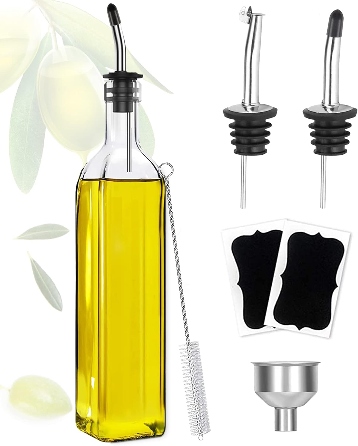 Showvigor Olive Oil Dispenser Bottle, Oil and Vinegar Cruet Bottle 17 oz/500 ml, Square Tall Glass Oil Container with 2 Stainless Steel Pourers, 2 Labels,1 Brush and 1 Funnel Oil Bottles for Kitchen