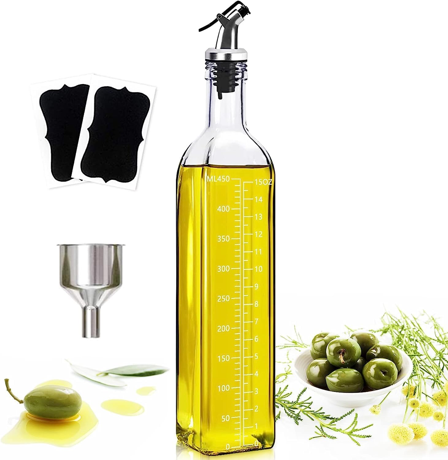 Showvigor Olive Oil Dispenser, Vinegar and Olive Oil Bottle Dispenser 500 ml/17 oz, Oil Bottles for Kitchen with 1 Pourers,2 Labels and 1 Funnel, Home Square Tall Glass Oil Container As Gift