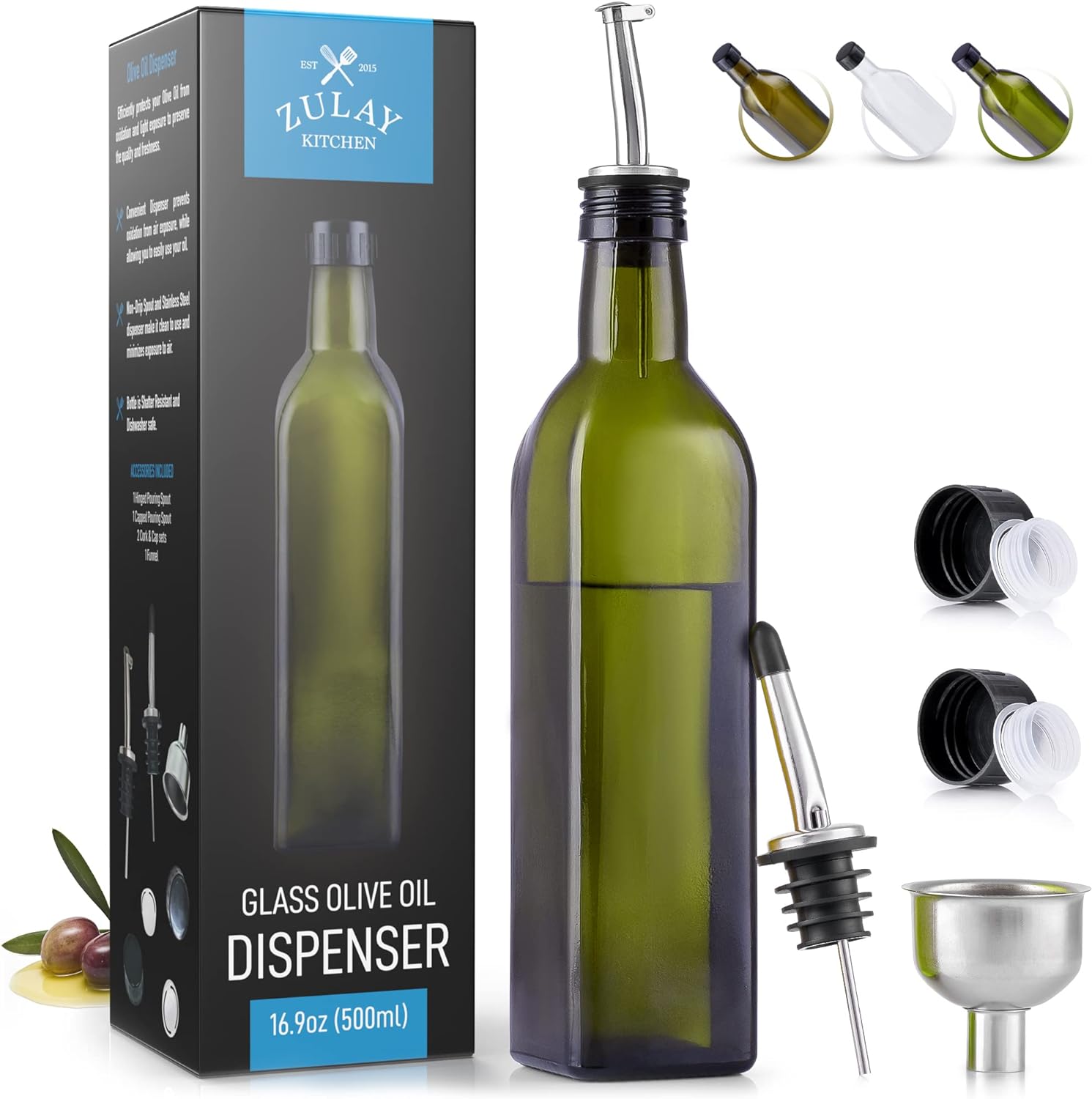 Zulay Easy to Use Olive Oil Dispenser Bottle For Kitchen - Glass Olive Oil Bottle Dispenser, Olive Oil Decanter with Spout, 17oz Olive Oil Drizzler Bottle with Pourers and Funnel, Olive Oil Holder