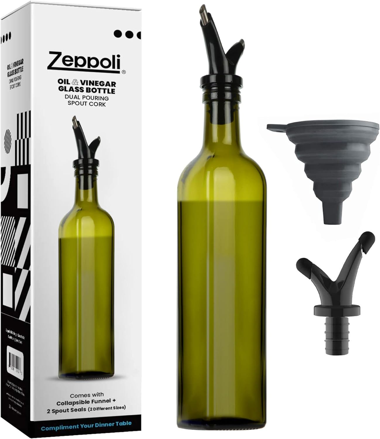 Zeppoli Kitchen Olive Oil Dispenser Bottle Set 17 oz - Oil & Vinegar Dispenser Set - 2 Removable Dual Spout, Pouring Funnel - Oil & Vinegar Glass Bottle Set-Oil Cruet for Kitchen, Stainless Steel