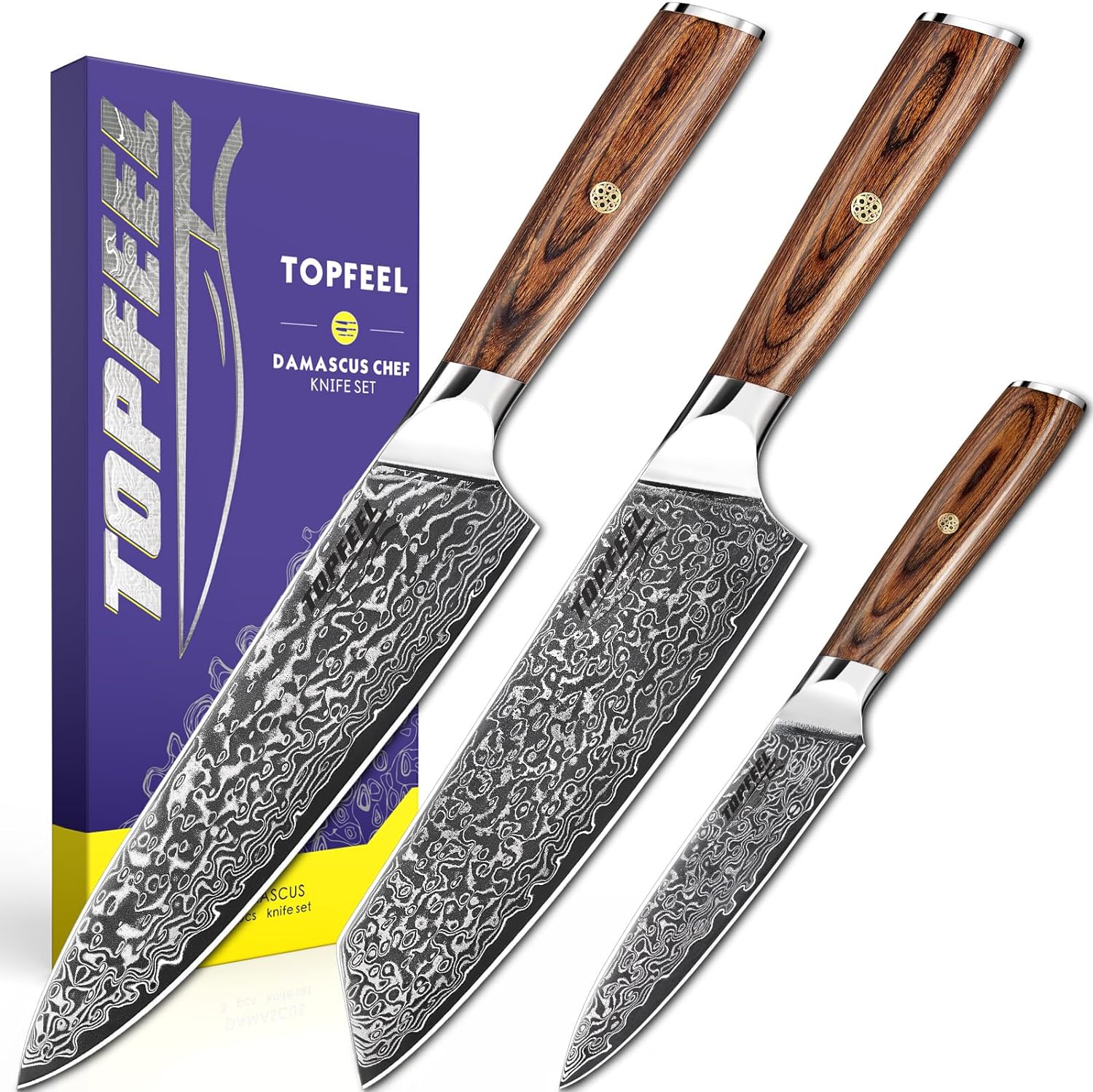 Topfeel Damascus Knife Set 3PCS, Damascus Japanese VG-10 stainless steel Chef Knife Set Professional, Ultra-Sharp Kitchen Cooking Knife with Ergonomic Wood Handle