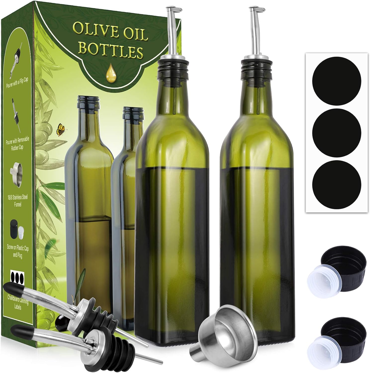 AOZITA [2 PACK] 17 oz Glass Olive Oil Dispenser Bottle Set - 500ml Dark Green Oil & Vinegar Cruet Bottle with Pourers, Funnel and Labels - Olive Oil Carafe Decanter for Kitchen